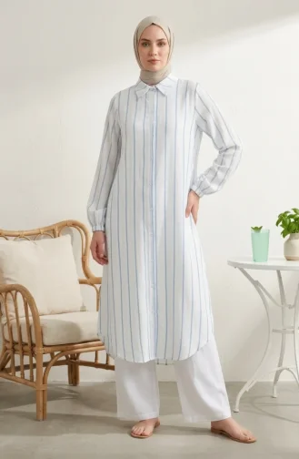 Shirt Collar Striped Linen Long Tunic 0354-05 Baby Blue 0354-05
