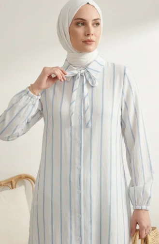 Shirt Collar Striped Linen Long Tunic 0354-05 Baby Blue 0354-05