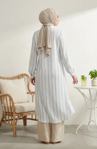 Shirt Collar Striped Linen Long Tunic 0354-05 Baby Blue 0354-05