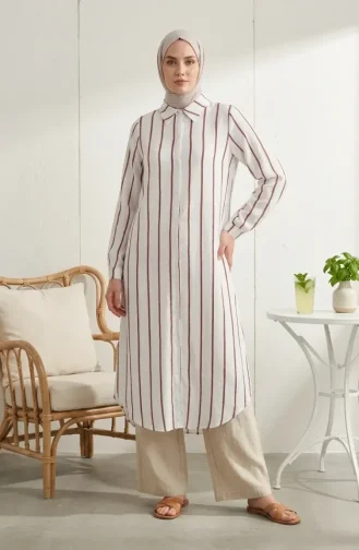 Tunique Longue En Lin Rayé à Col Chemise 0354-07 Bordeaux 0354-07