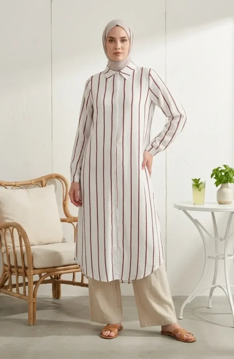 Tunique Longue En Lin Rayé à Col Chemise 0354-07 Bordeaux 0354-07