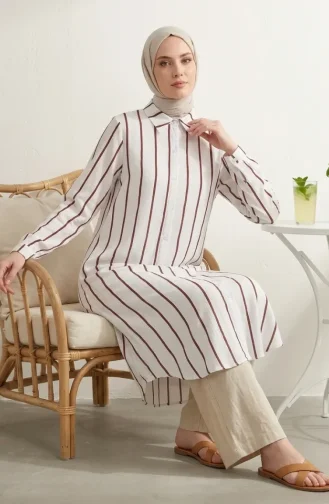 Tunique Longue En Lin Rayé à Col Chemise 0354-07 Bordeaux 0354-07
