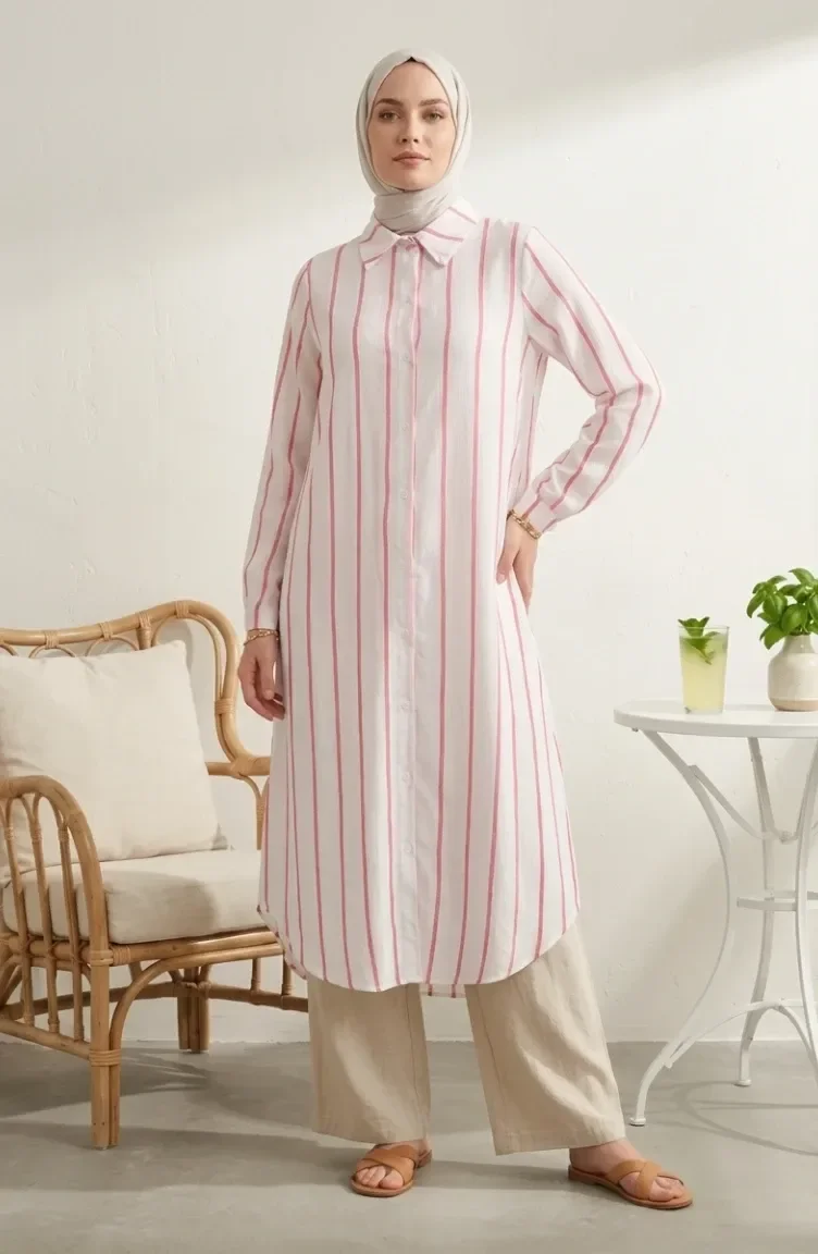 Shirt Collar Striped Linen Long Tunic 0354-10 Powder Pink 0354-10