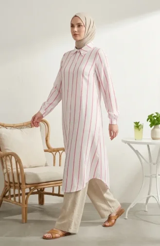 Shirt Collar Striped Linen Long Tunic 0354-10 Powder Pink 0354-10