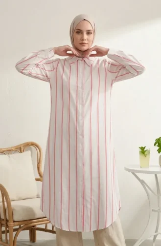 Shirt Collar Striped Linen Long Tunic 0354-10 Powder Pink 0354-10