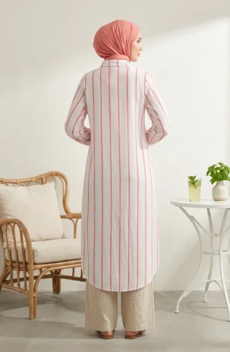 Shirt Collar Striped Linen Long Tunic 0354-10 Powder Pink 0354-10