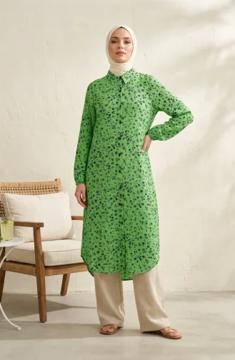 Shirt Collar Button-Down Tunic With Daisy Pattern 0355-01 Green 0355-01