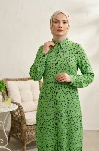Shirt Collar Button-Down Tunic With Daisy Pattern 0355-01 Green 0355-01