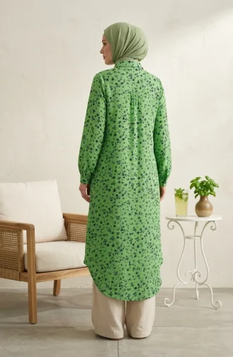 Shirt Collar Button-Down Tunic With Daisy Pattern 0355-01 Green 0355-01