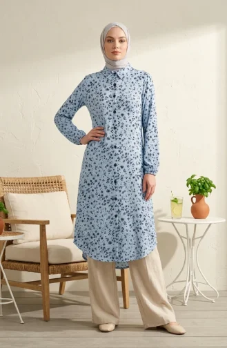 Shirt Collar Button-Down Tunic With Daisy Pattern 0355-02 Ice Blue 0355-02