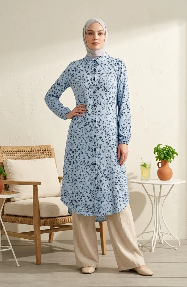 Shirt Collar Button-Down Tunic With Daisy Pattern 0355-02 Ice Blue 0355-02