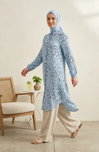 Shirt Collar Button-Down Tunic With Daisy Pattern 0355-02 Ice Blue 0355-02