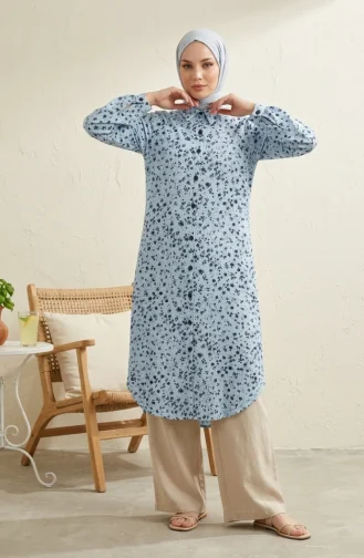 Shirt Collar Button-Down Tunic With Daisy Pattern 0355-02 Ice Blue 0355-02