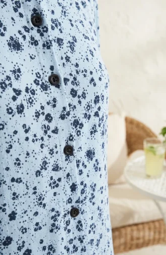 Shirt Collar Button-Down Tunic With Daisy Pattern 0355-02 Ice Blue 0355-02