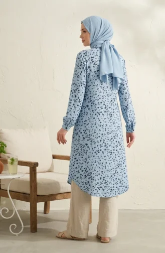 Shirt Collar Button-Down Tunic With Daisy Pattern 0355-02 Ice Blue 0355-02