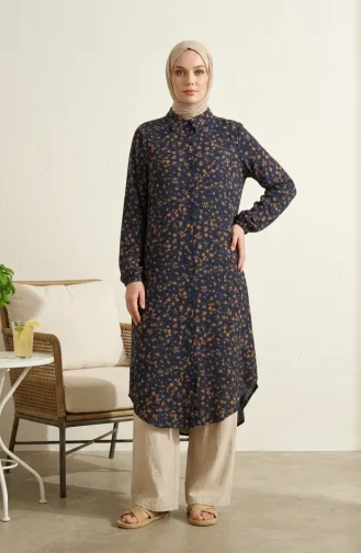 Shirt Collar Button-Down Tunic With Daisy Pattern 0355-04 Navy Blue 0355-04