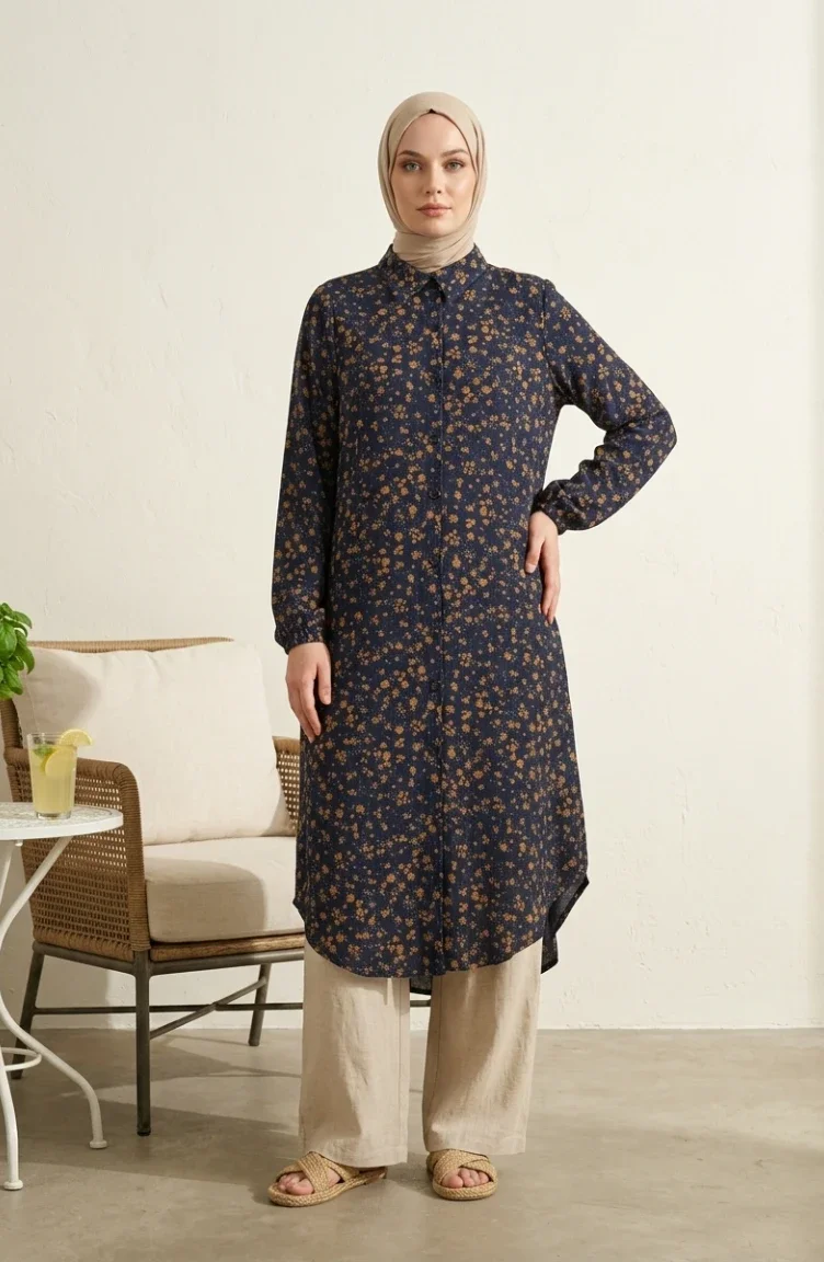 Shirt Collar Button-Down Tunic With Daisy Pattern 0355-04 Navy Blue 0355-04