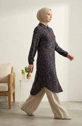 Shirt Collar Button-Down Tunic With Daisy Pattern 0355-04 Navy Blue 0355-04