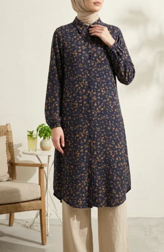 Shirt Collar Button-Down Tunic With Daisy Pattern 0355-04 Navy Blue 0355-04