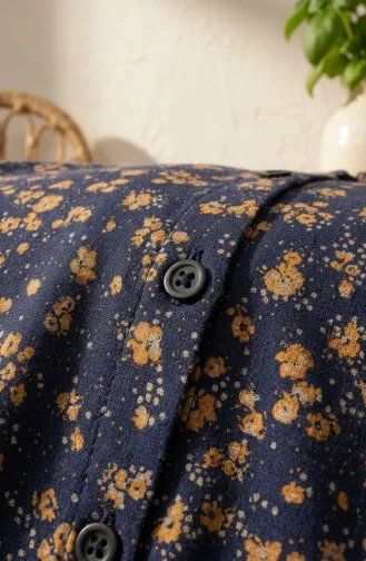 Shirt Collar Button-Down Tunic With Daisy Pattern 0355-04 Navy Blue 0355-04