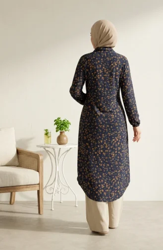 Shirt Collar Button-Down Tunic With Daisy Pattern 0355-04 Navy Blue 0355-04