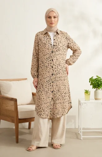 Shirt Collar Button-Down Tunic With Daisy Pattern 0355-05 Beige 0355-05