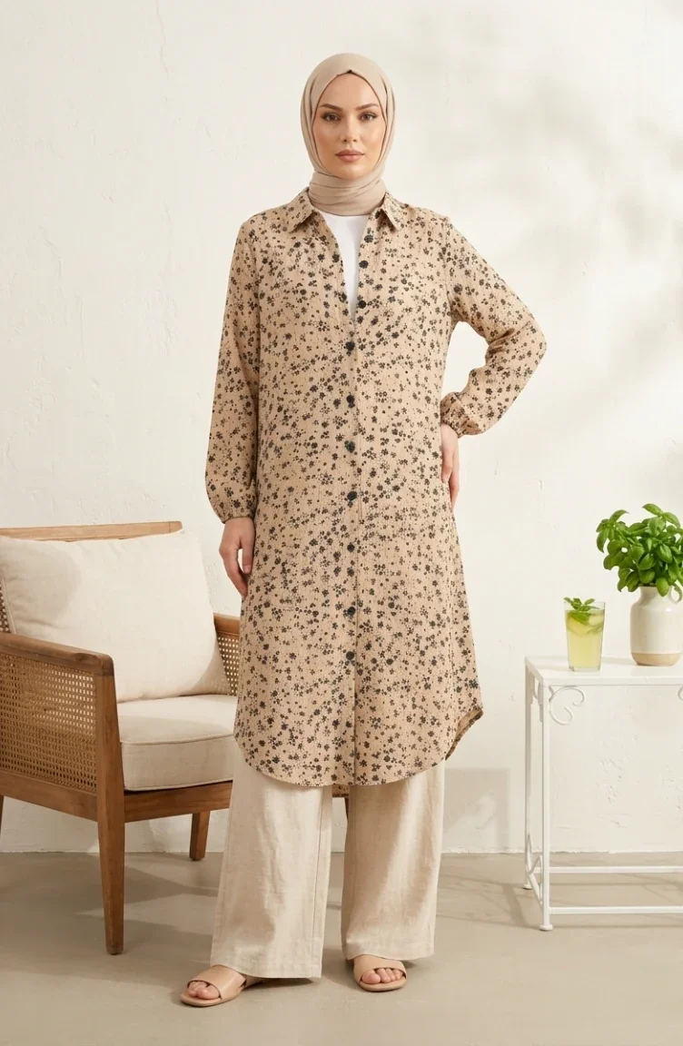 Shirt Collar Button-Down Tunic With Daisy Pattern 0355-05 Beige 0355-05