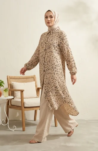 Shirt Collar Button-Down Tunic With Daisy Pattern 0355-05 Beige 0355-05