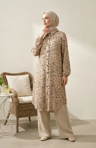 Shirt Collar Button-Down Tunic With Daisy Pattern 0355-05 Beige 0355-05