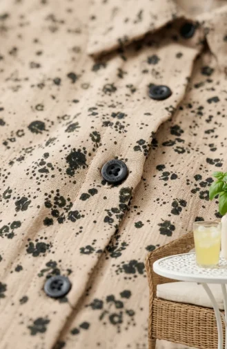 Shirt Collar Button-Down Tunic With Daisy Pattern 0355-05 Beige 0355-05