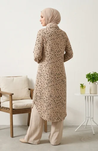 Shirt Collar Button-Down Tunic With Daisy Pattern 0355-05 Beige 0355-05
