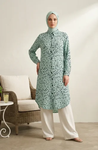 Shirt Collar Button-Down Tunic With Daisy Pattern 0355-06 Light Green 0355-06