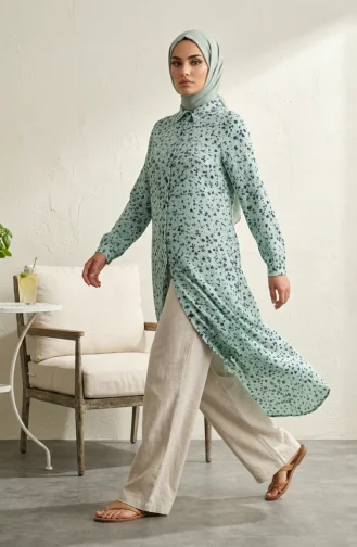 Shirt Collar Button-Down Tunic With Daisy Pattern 0355-06 Light Green 0355-06