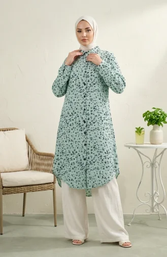 Shirt Collar Button-Down Tunic With Daisy Pattern 0355-06 Light Green 0355-06