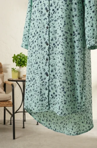 Shirt Collar Button-Down Tunic With Daisy Pattern 0355-06 Light Green 0355-06