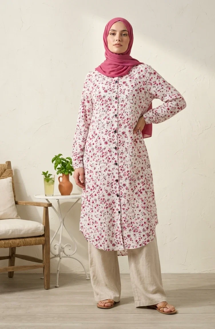 Shirt Collar Button-Down Tunic With Daisy Pattern 0355-07 Stone 0355-07