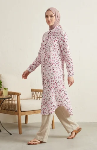 Shirt Collar Button-Down Tunic With Daisy Pattern 0355-07 Stone 0355-07