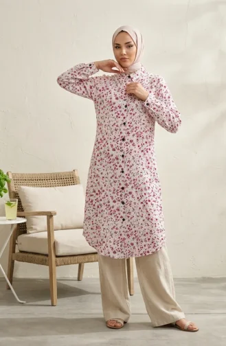 Shirt Collar Button-Down Tunic With Daisy Pattern 0355-07 Stone 0355-07