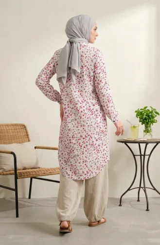 Shirt Collar Button-Down Tunic With Daisy Pattern 0355-07 Stone 0355-07