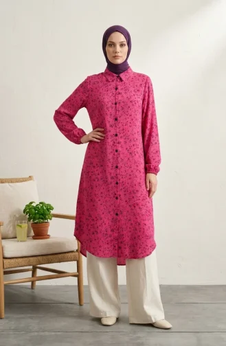 Shirt Collar Button-Down Tunic With Daisy Pattern 0355-08 Fuchsia 0355-08
