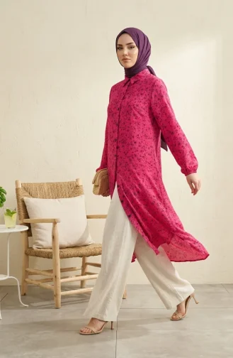 Shirt Collar Button-Down Tunic With Daisy Pattern 0355-08 Fuchsia 0355-08