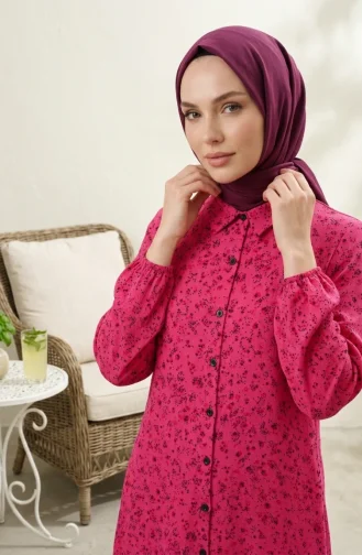 Shirt Collar Button-Down Tunic With Daisy Pattern 0355-08 Fuchsia 0355-08