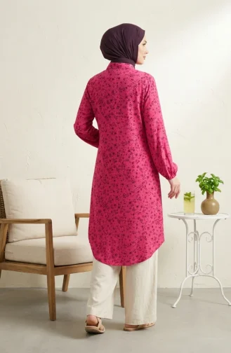 Shirt Collar Button-Down Tunic With Daisy Pattern 0355-08 Fuchsia 0355-08
