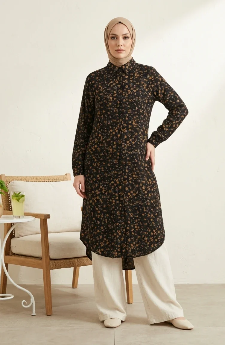 Shirt Collar Button-Down Tunic With Daisy Pattern 0355-09 Black 0355-09