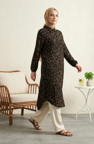 Shirt Collar Button-Down Tunic With Daisy Pattern 0355-09 Black 0355-09