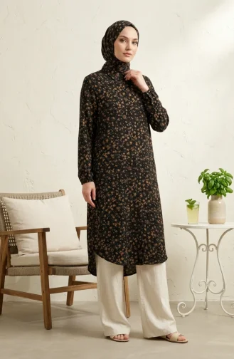 Shirt Collar Button-Down Tunic With Daisy Pattern 0355-09 Black 0355-09