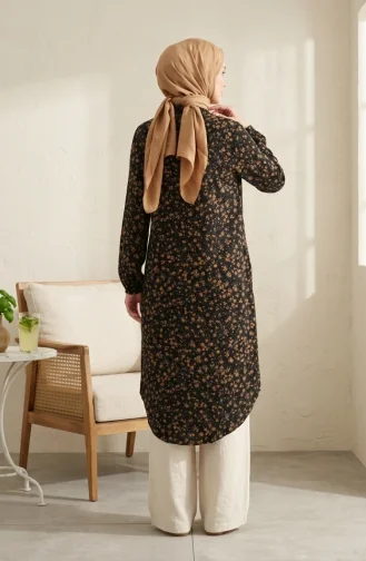 Shirt Collar Button-Down Tunic With Daisy Pattern 0355-09 Black 0355-09
