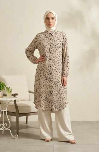 Shirt Collar Button-Down Tunic With Daisy Pattern 0355-10 Mink 0355-10