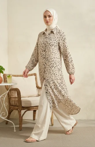 Shirt Collar Button-Down Tunic With Daisy Pattern 0355-10 Mink 0355-10