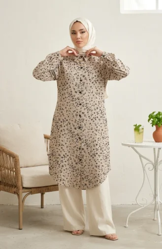Shirt Collar Button-Down Tunic With Daisy Pattern 0355-10 Mink 0355-10